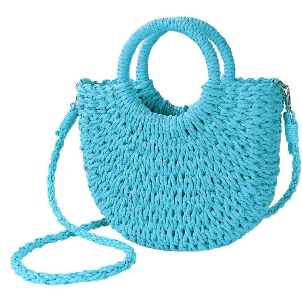 Woven Straw Beach Bag for Womem Top Handle Blue Crossbody and Shoulder Strap